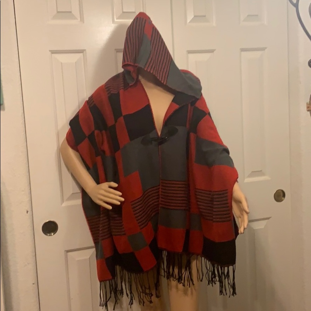 Plaid gray black and red hooded shaw